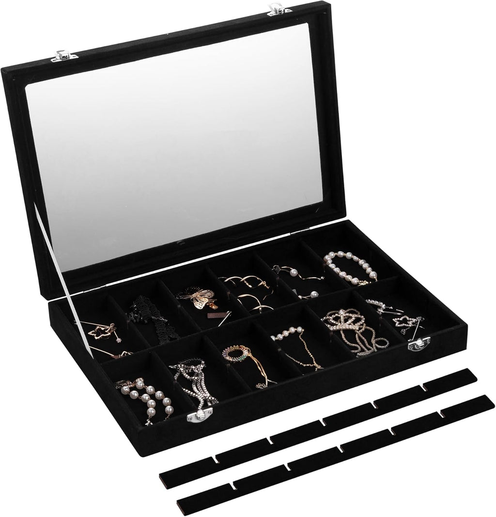 Frebeauty Velvet Jewelry Tray,24 Grid Jewelry Organizer with Clear Lid,Earring Holder Organizer with Clasp,Drawer Insert Rings Pendants Brooches,13.8 x 9.5 x 2 Inches,Gift for Women Girls(Black)