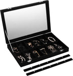 Frebeauty Velvet Jewelry Tray,24 Grid Jewelry Organizer with Clear Lid,Earring Holder Organizer with Clasp,Drawer Insert Rings Pendants Brooches,13.8 x 9.5 x 2 Inches,Gift for Women Girls(Black)