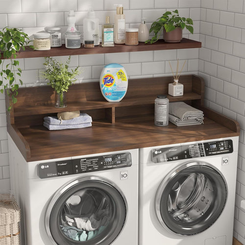 2-Tier Washer Dryer Countertop with 2.75" H Edge Rails, 58" W x 28" D Laundry Countertop for Folding Clothes, Washer and Dryer Topper with Non-Slip Pad (Dark Walnut)