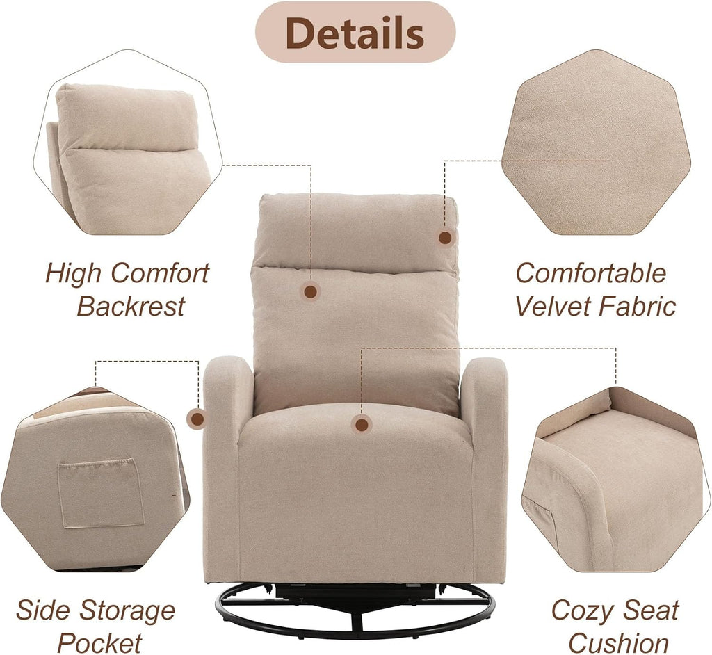 LUCKHAO Swivel Rocking Chair，Nursery Swivel Glide Armchair Linden Fabric Upholstered Modern Rocking Chairs with High Backrest for Nursery, Bedroom, Living Room（Beige
