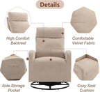 LUCKHAO Swivel Rocking Chair，Nursery Swivel Glide Armchair Linden Fabric Upholstered Modern Rocking Chairs with High Backrest for Nursery, Bedroom, Living Room（Beige