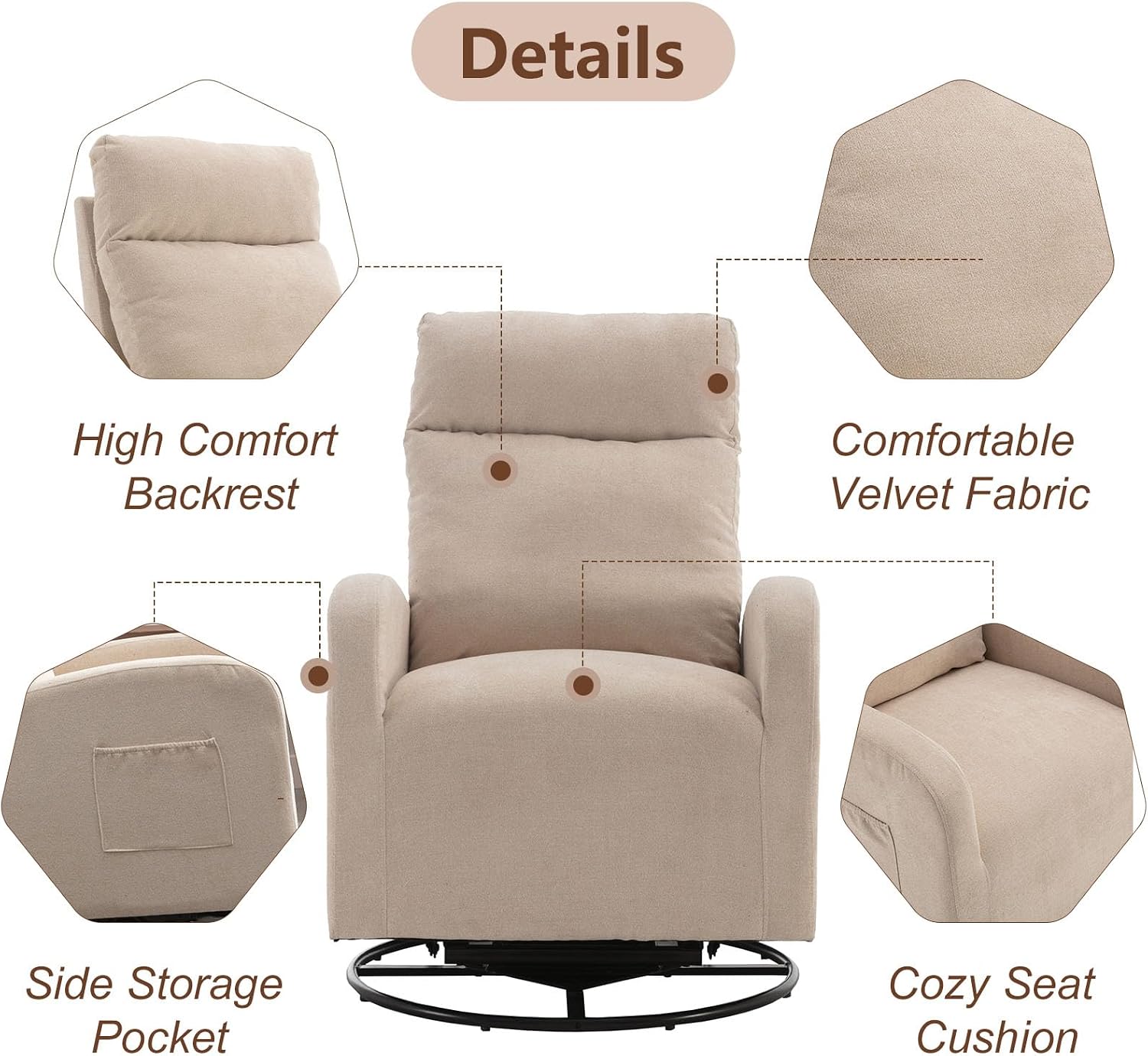 LUCKHAO Swivel Rocking Chair，Nursery Swivel Glide Armchair Linden Fabric Upholstered Modern Rocking Chairs with High Backrest for Nursery, Bedroom, Living Room（Beige