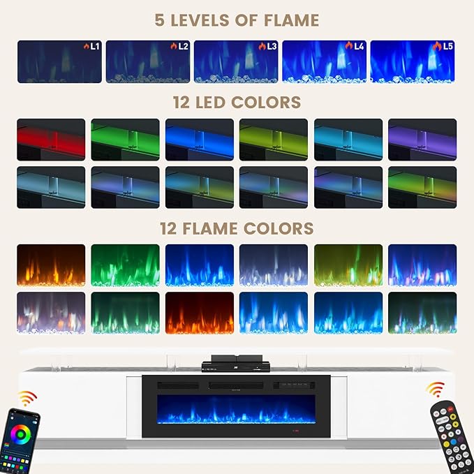 80" Fireplace TV Stand, Modern Entertainment Center for TVs Up to 90", TV Console with Storage Cabinets, Media Console for Living Room, 80IN White TV Stand and 36IN Black Fireplace