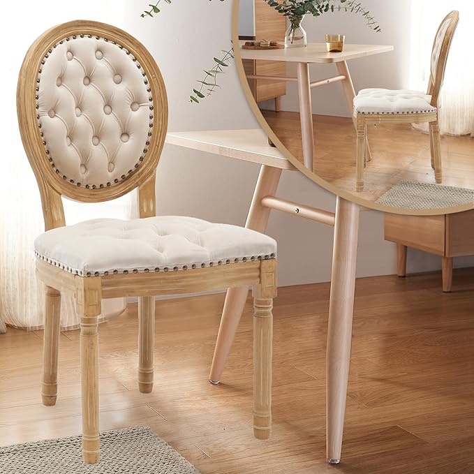 Upholstered Dining Chairs Set of 6 French Country Oval Fabric Back Kitchen Side Chair with Wood Legs for Dining Room, Kitchen, Restaurant(Beige-Velvet)