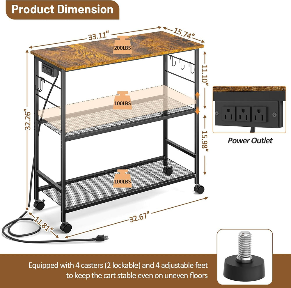 3 Tier Rolling Kitchen Microwave Cart with Power Outlet, 33 Inch Microwave Ta...