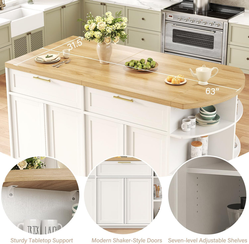 HSH 63 Inch Large Kitchen Island with Storage and Seating, Light Oak | Statio...
