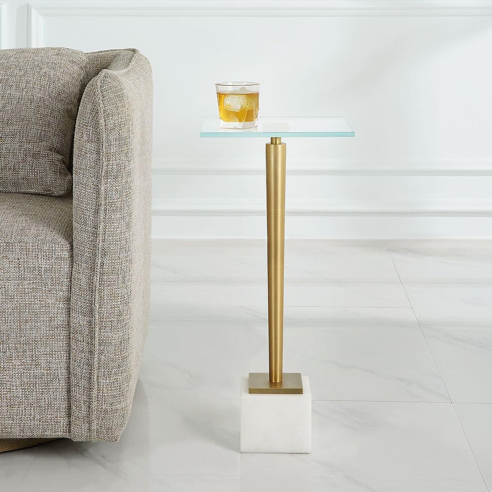 Miri Accent Table | Brass Plated and Tempered Glass Top with White Marble Bas...