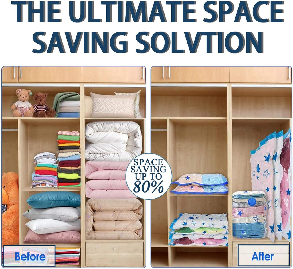 12 Pack Vacuum Storage Bags, Space Saver Bags (4 Jumbo/4 Large/4 Medium/1 Automatic Pump) Compressed Storage Bags for Clothing, Comfort Items and Blankets