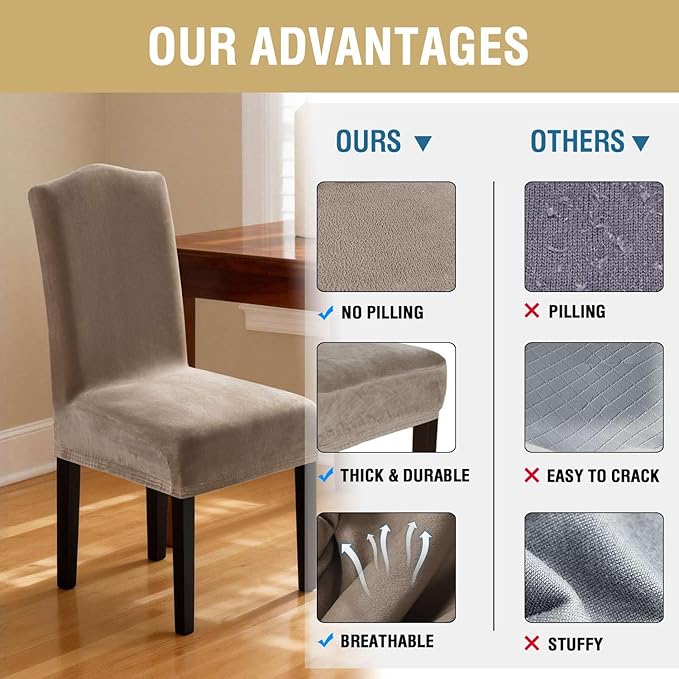 H.VERSAILTEX Velvet Dining Chair Covers Stretch Chair Covers for Dining Room Set of 2 Parson Chair Slipcovers Chair Protectors Covers Dining, Soft Thick Solid Velvet Fabric Washable, Taupe