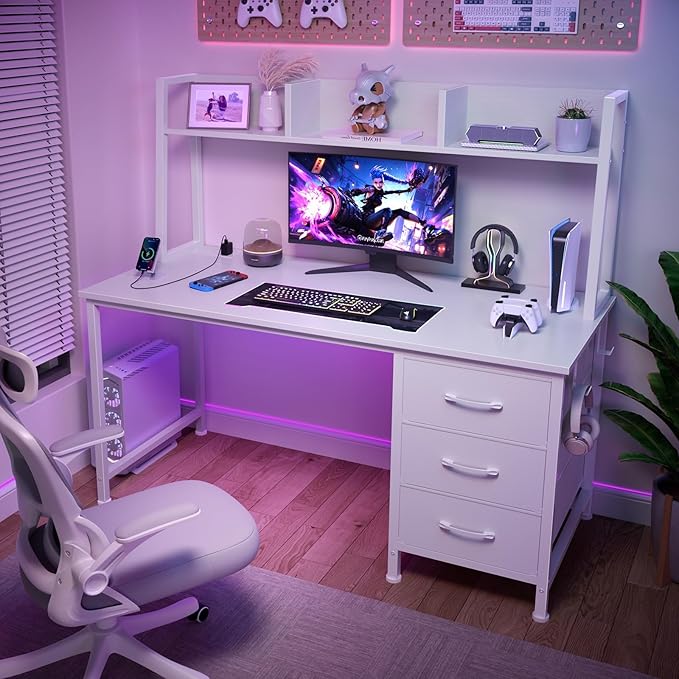 White Computer Desk with Hutch & Drawers - Office Desk with 3 Storage Drawers and Power Outlets, 47 Inch Modern Study Writing Desk for Bedroom Home Office
