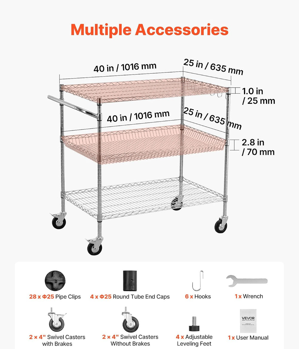 VEVOR Kitchen Utility Cart, 3 Tier Heavy Duty Adjustable Wire Storage Rack, C...