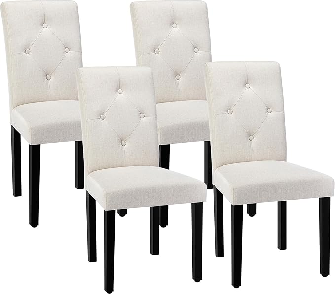 VECELO Upholstered Dining Chairs Set of 4, Modern Fabric and Solid Wood Legs & High Back for Kitchen/Living Room- Beige