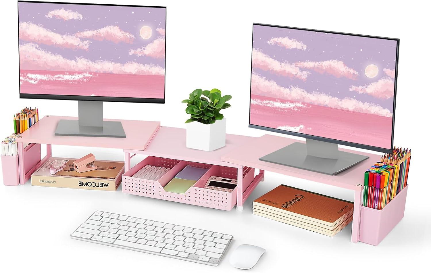 OPNICE Wood Desk Organizers and Accessories, Dual Monitor Stand Riser with Drawer and 2 Pen Holders, Desk Shelf Computer Racks for Office Workspace Organizers, Desktop Organization (Pink)