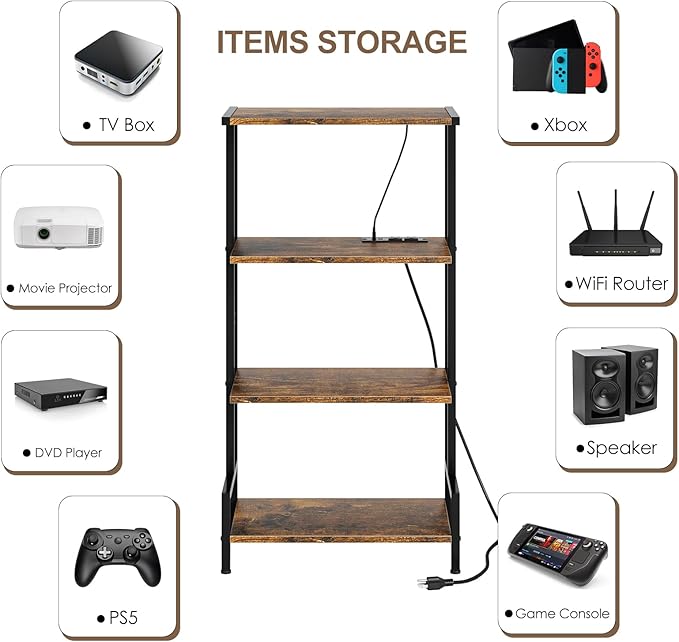 4-Tier AV Media Stand with Power Outlet and LED Lights,Wooden Stereo Stand Ca...