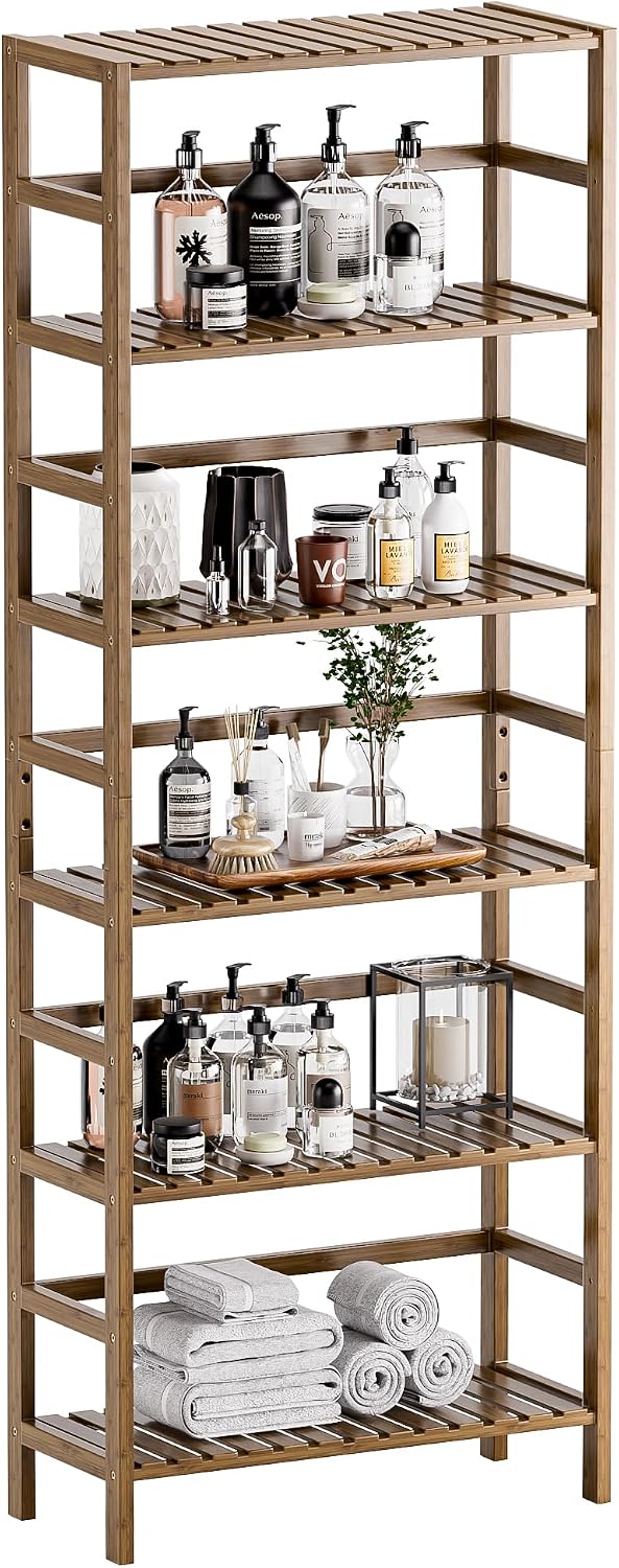 HITNET Bookcase, Bamboo Bookshelf, 6-Tier Adjustable Tall Open Book Shelf, Fr...