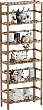 HITNET Bookcase, Bamboo Bookshelf, 6-Tier Adjustable Tall Open Book Shelf, Free Standing Storage Shelves Organizer, Flower Plant Display Stand, Walnut