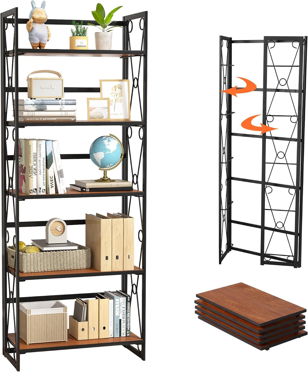 VECELO Folding Bookshelf, 5 Shelf Bookcase No Assembly, Industrial Metal Fram...