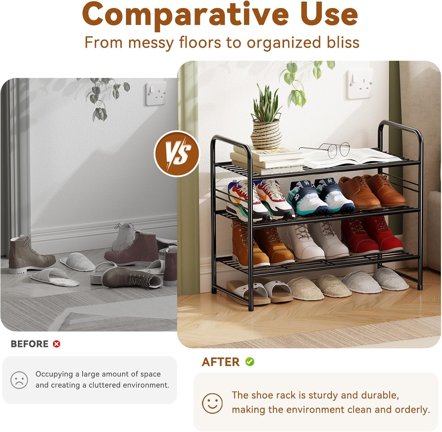 Simple Shoe Rack, 3 Tier Heavy Duty Metal Shoe Shelf 27 Inch Wide, Black