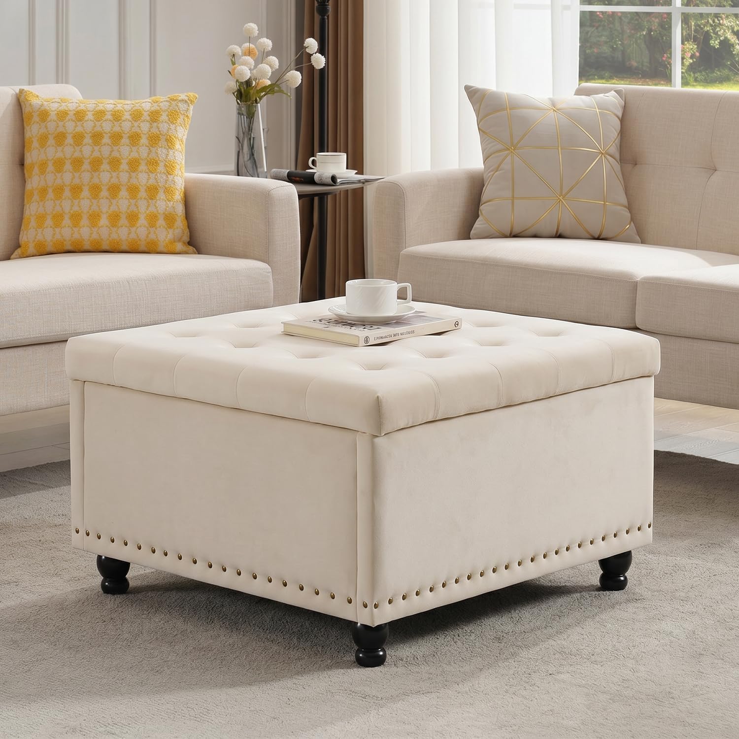 Tbfit Large Square Storage Ottoman Bench, Button Tufted Upholstered Coffee Table Ottoman with Wooden Legs, Oversized Storage Ottomans Toy Box Footrest for Living Room, Beige Velvet