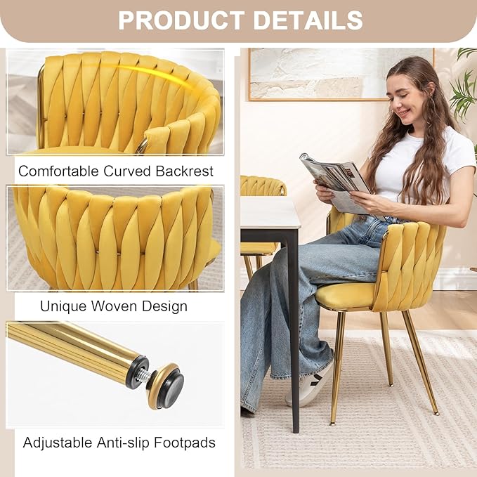 Kiztir Velvet Dining Chairs Set of 2, Upholstered Dining Room Chairs with Gold Metal Legs, Luxury Tufted Dining Chairs for Living Room, Bedroom, Kitchen (Yellow)