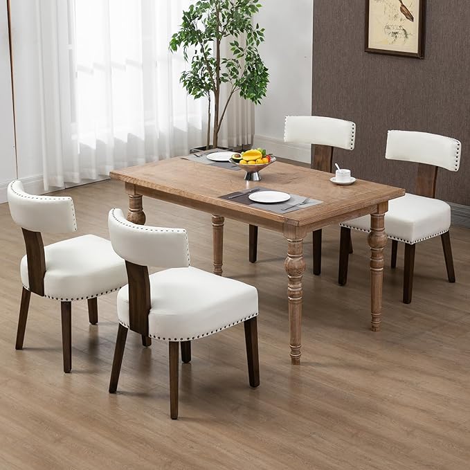Upholstered Wooden Farmhouse Dining Chairs Set of 6, Mid-Century Modern Fabri...