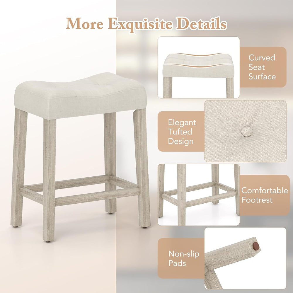 COSTWAY Wooden Saddle Stools Set of 2, 24-inch Counter Height Upholstered Bac...