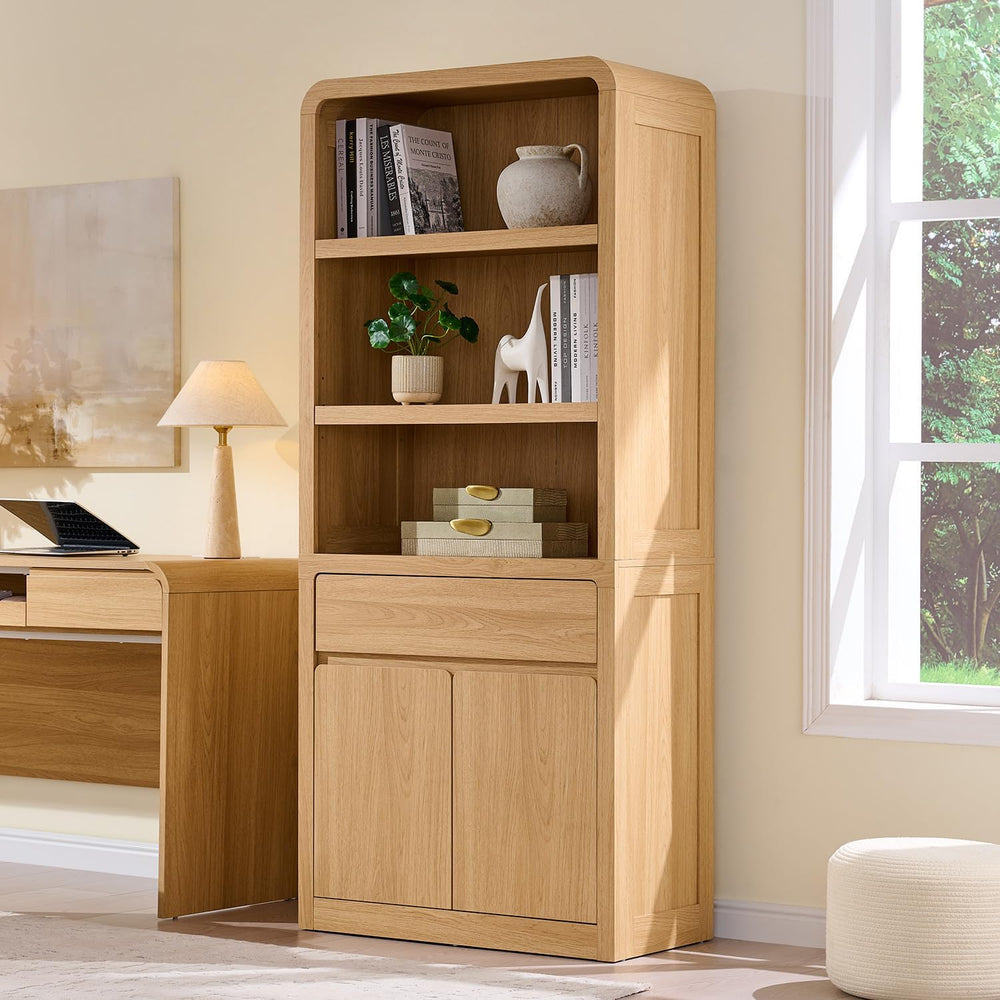 72" Tall Modern Bookshelf with Doors, 5-Tier Large Bookcase w/ Drawer, W...