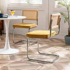 Zesthouse Rattan Dining Chairs Set of 6, Mid Century Modern Dining Room Chairs with Natural Cane Mesh & Chrome Base, Yellow Velvet Cesca Chair, Farmhouse Kitchen Chair with Solid Wood Frame Back