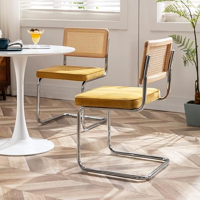 Zesthouse Rattan Dining Chairs Set of 6, Mid Century Modern Dining Room Chairs with Natural Cane Mesh & Chrome Base, Yellow Velvet Cesca Chair, Farmhouse Kitchen Chair with Solid Wood Frame Back