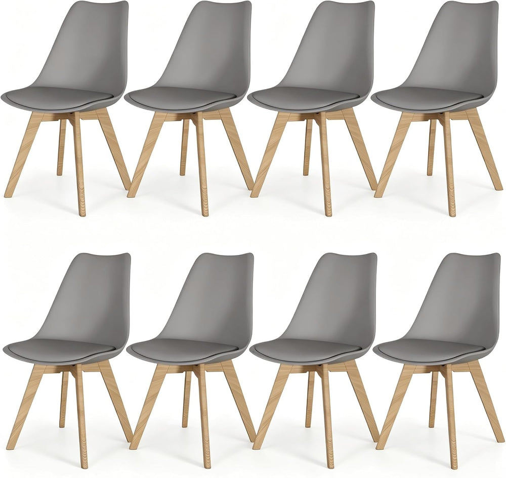 Dining Chairs Set of 8, PU Leather Kitchen Chairs,Wood Legs (Gray, 8 PC)