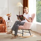 Nursery Rocking Chair, Boho Accent Ottoman, Teddy Upholstered Glider Rocker with High Backrest, Recliner Function and Foot Rest for Living Room, Small Spaces, Bedroom, Pink
