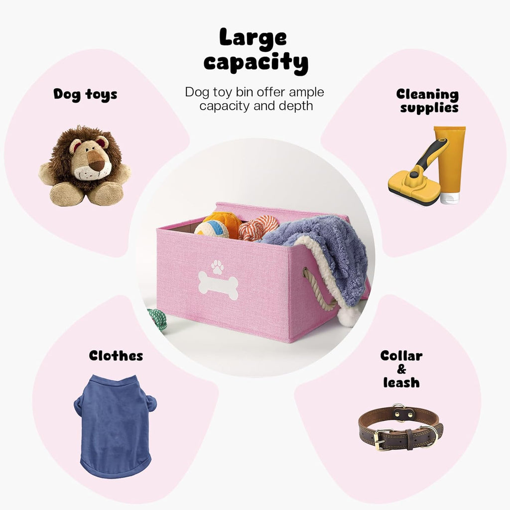 Dog Toy Basket with Lid, Dog Basket for Toys, Dogs Toy Box with Cotton Rope Handles, Collapsible Storage Bins for Pet Toys, Dogs Storage Organizer, Pink