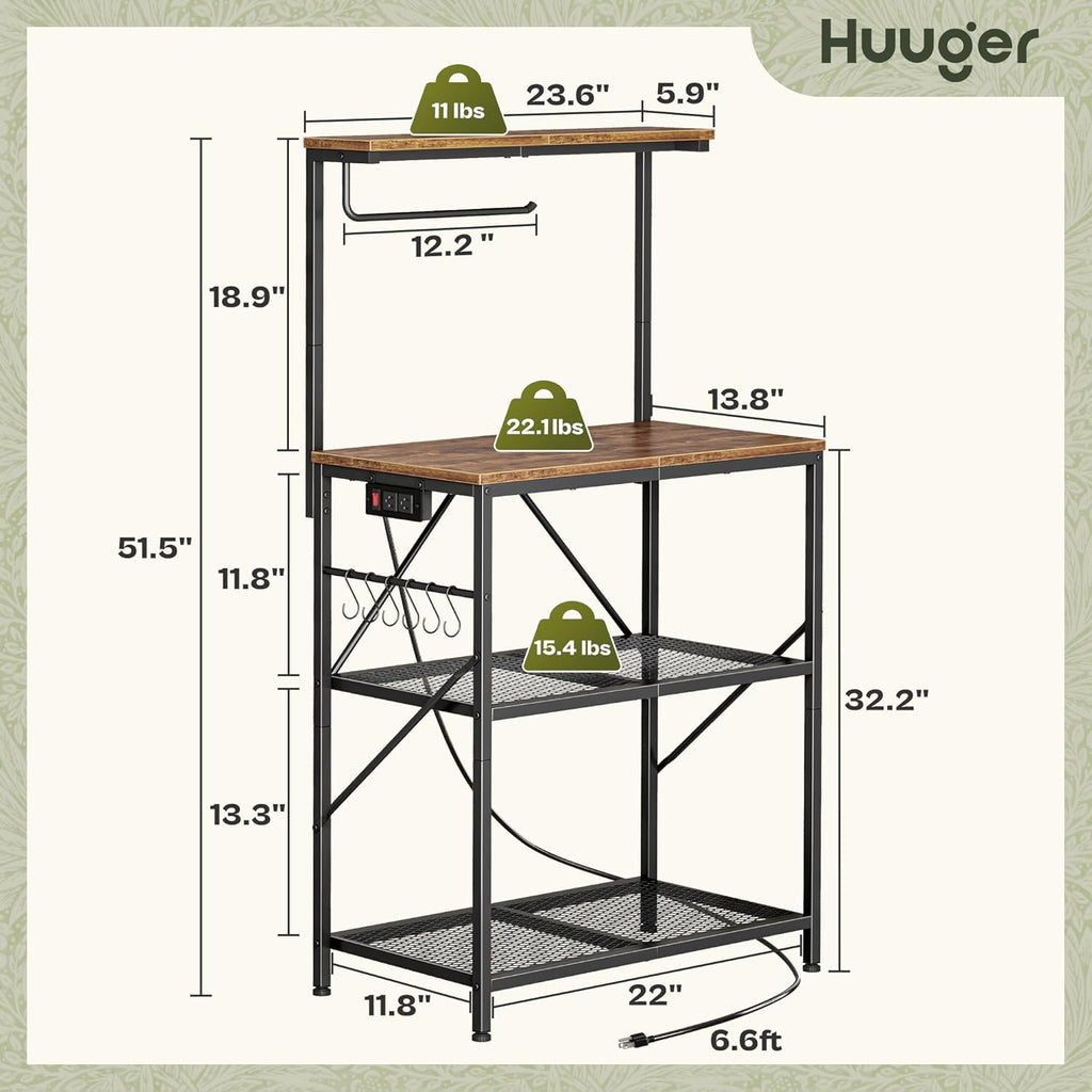 Huuger 4-Tier Bakers Rack with Reversible Power Outlet, 23.6 Inch Microwave Stand, Kitchen Coffee Bar, with Top Shelf, 6 S Hooks, Rustic Brown
