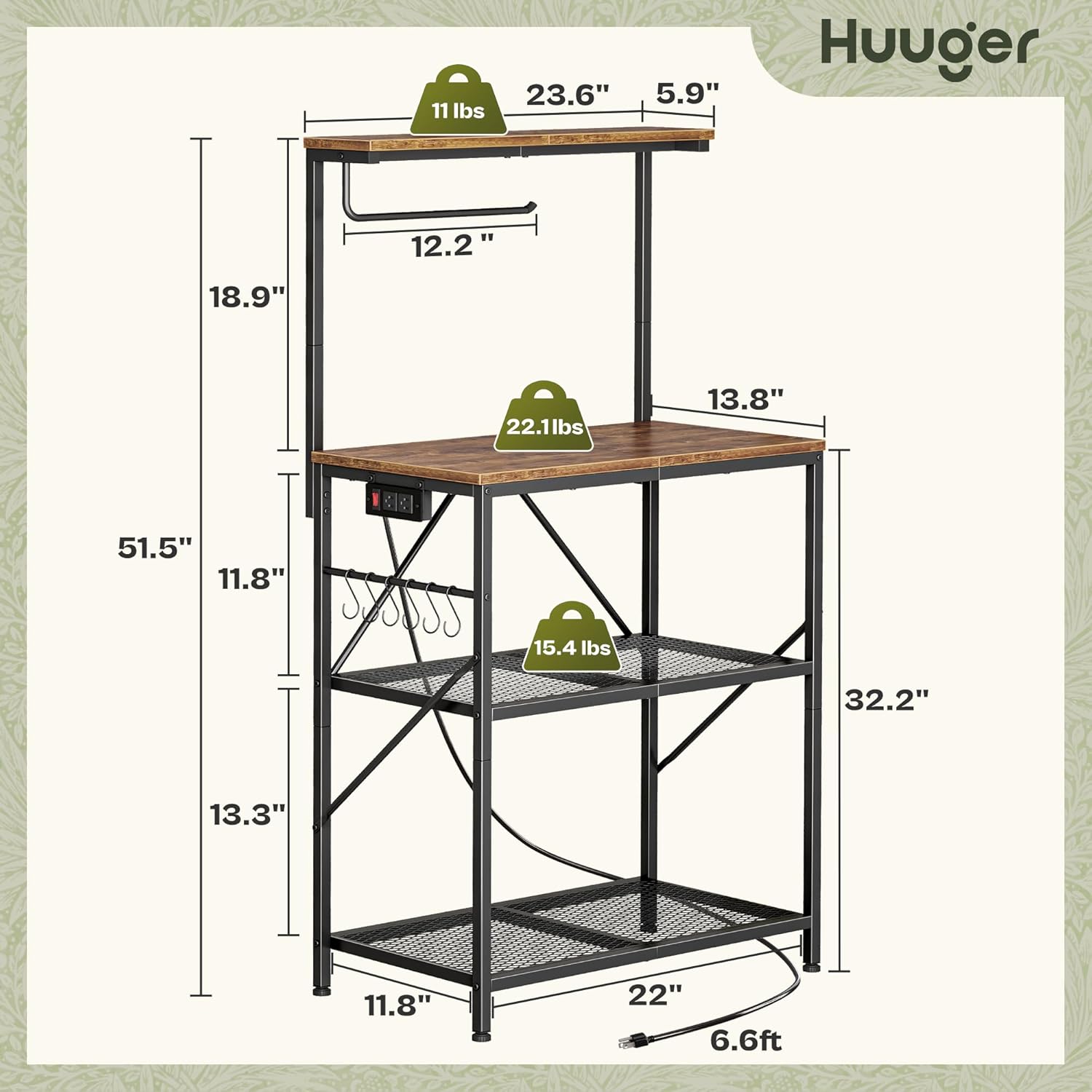 Huuger 4-Tier Bakers Rack with Reversible Power Outlet, 23.6 Inch Microwave Stand, Kitchen Coffee Bar, with Top Shelf, 6 S Hooks, Rustic Brown