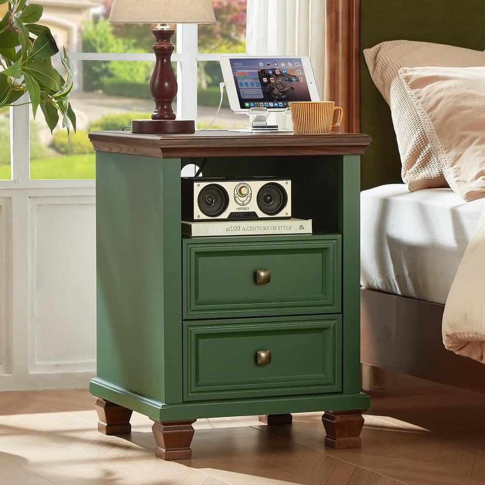 SAVOR LIFE Farmhouse Nightstand Set of 2 with Charging Station, Green | End T...