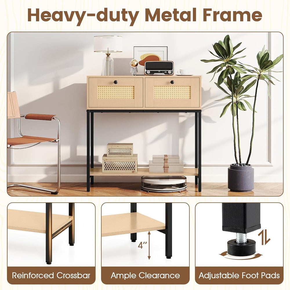 GOFLAME Rattan Console Table, Boho Entryway Table with 2 Drawers & Open S...