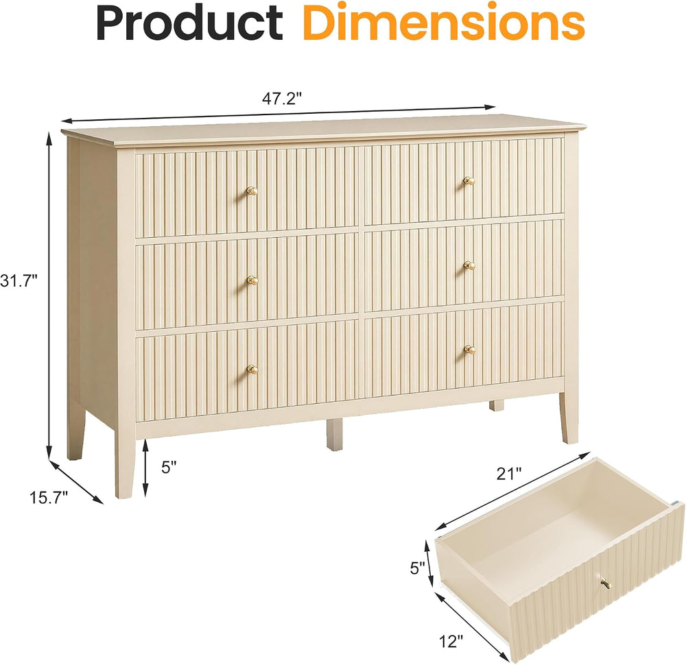 RoyalCraft Beige 6 Drawer Dresser, Fluted Modern Wood Chest of Drawers, Long ...