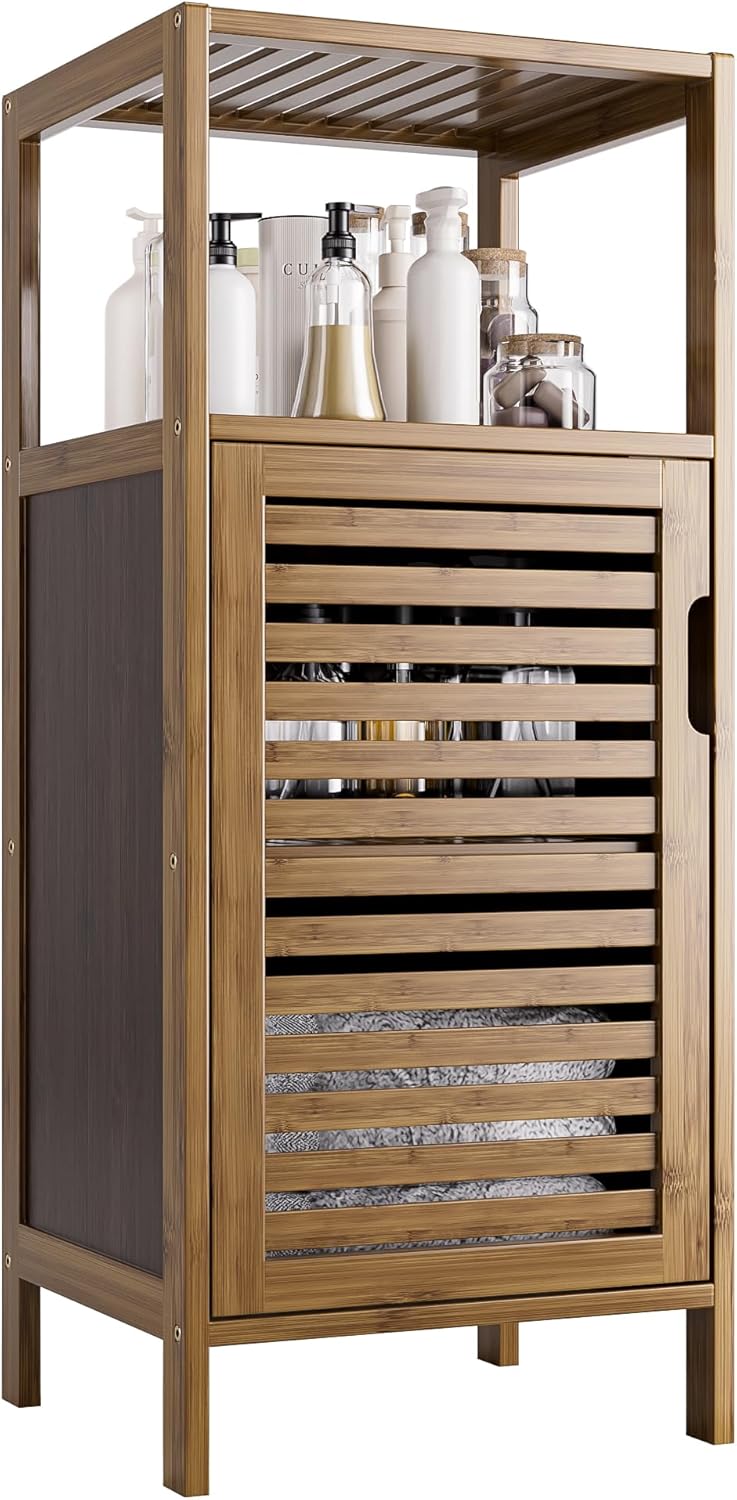 HITNET Bathroom Cabinet, Bamboo Floor Cabinet Free Standing, 4 Tier Sofa Side Storage Cupboard for Living Room Kitchen Bedroom, Walnut