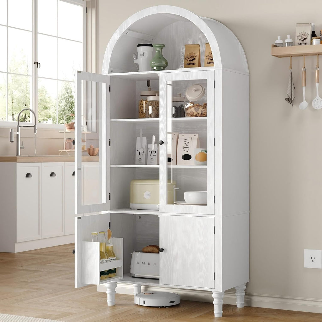 Furnify 71" Tall Arched Kitchen Pantry Cabinet with Door Shelves, White | Modern Kitchen Storage Cabinet with Doors, 3 Adjustable Shelves, Versatile Cupboard for Kitchen Dining Room Living Room