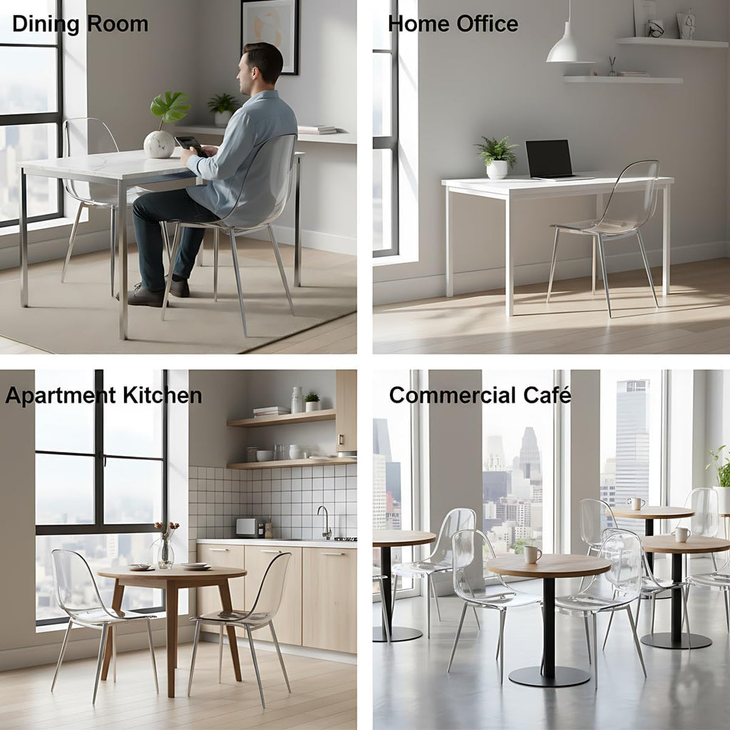 Clear Acrylic Dining Chairs Set of 6, Armless Modern Side Chairs with Transparent Seat, Ergonomic Backrest and Chrome Metal Legs, Kitchen Chairs for Dining Room, Living Room