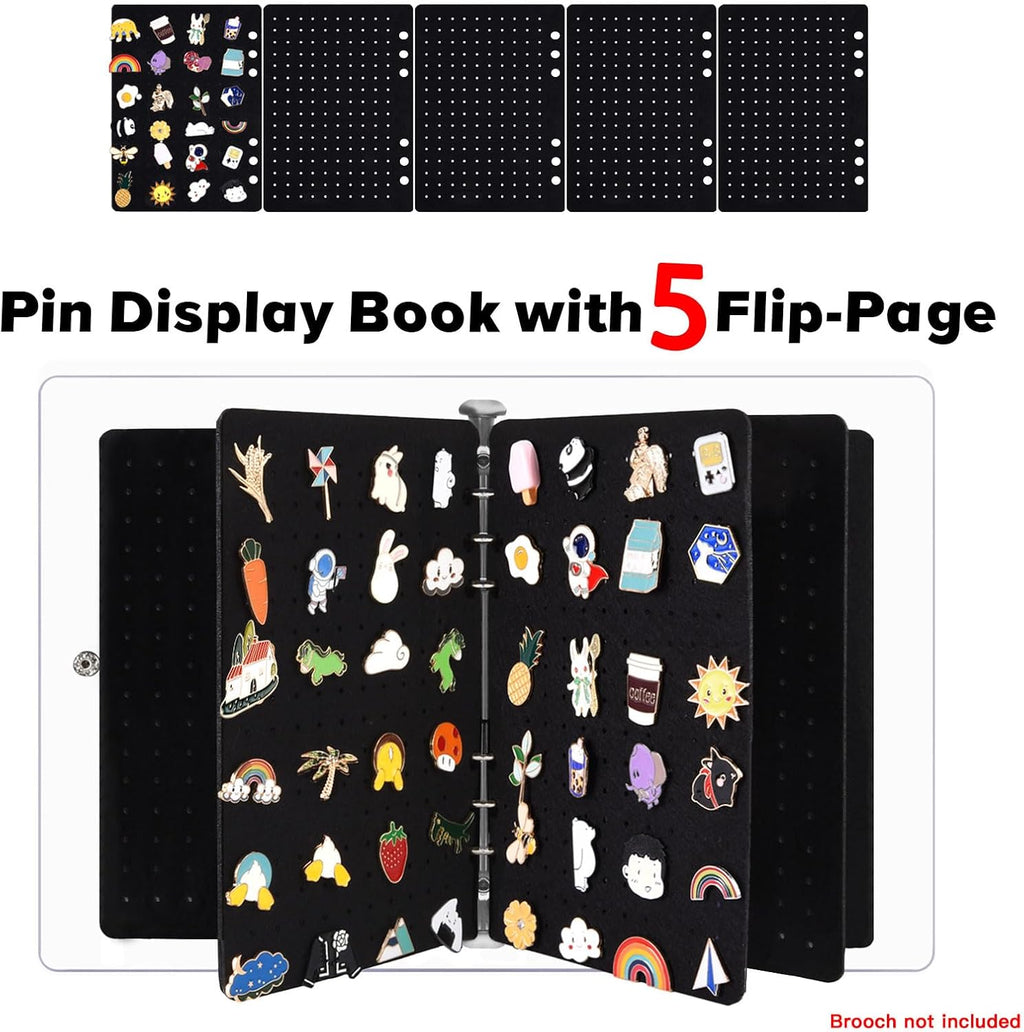 5 Pages A5 Enamel Pin Display Book, Pins Collection Storage Organizer Book,Clear PVC Cover, Portable Travel Pin Display Book for Brooch Collectors (Not Include Accessories).Black