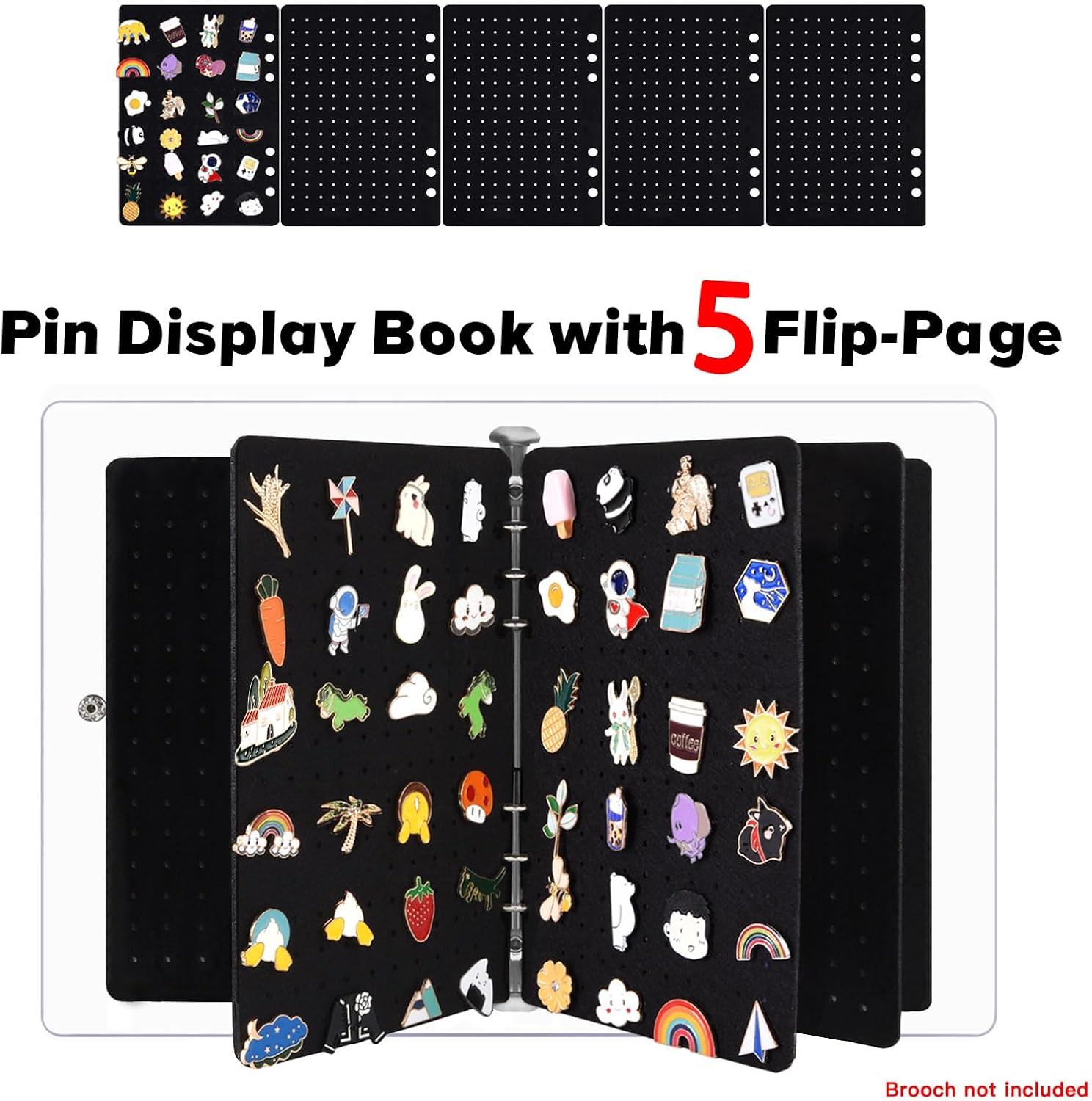 5 Pages A5 Enamel Pin Display Book, Pins Collection Storage Organizer Book,Clear PVC Cover, Portable Travel Pin Display Book for Brooch Collectors (Not Include Accessories).Black