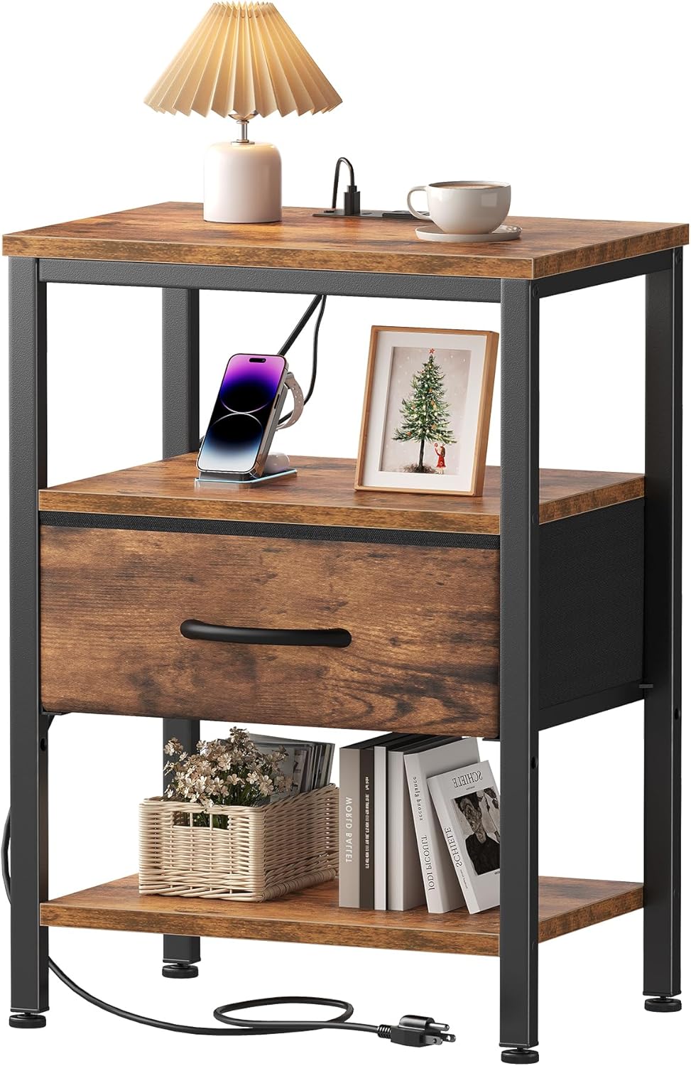 OLIXIS Nightstand with Charging Station, Beside Table with Fabric Drawer | 3-...