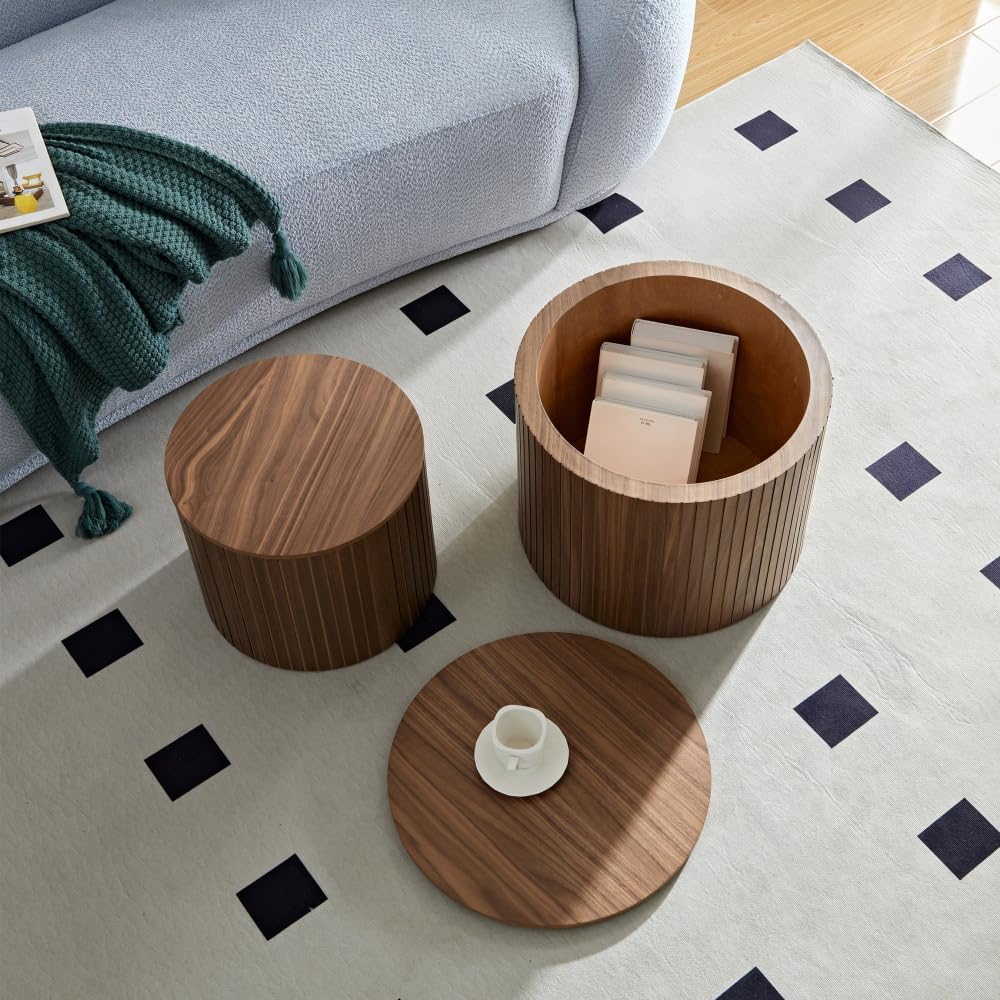 Nesting Coffee Tables Set of 2, Walnut MDF, Handcrafted Round Design | 2-Piec...