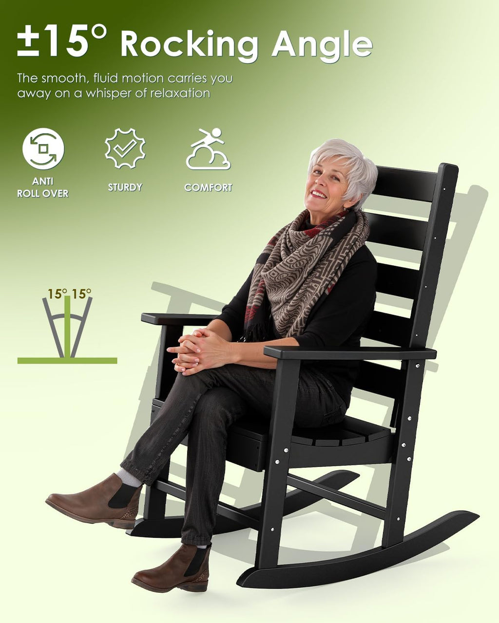 GREENVINES Outdoor Rocking Chairs Set of 2, HDPE Porch Rockers, Black | Big & Tall | Heavy Duty Patio Rocker Chair | All Weather | Low Maintenance | 350LBS Capacity for Balcony Garden Backyard