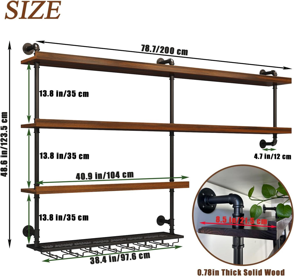 Solid Wood Wall Mounted Wine Rack, Large Wine Rack with LED Light, 4 Tiers Liquor Bottles Floating Shelves with Glass Holder, Industrial Bar Shelves for Home Bar Dining Room (78.7 IN/ 200CM)