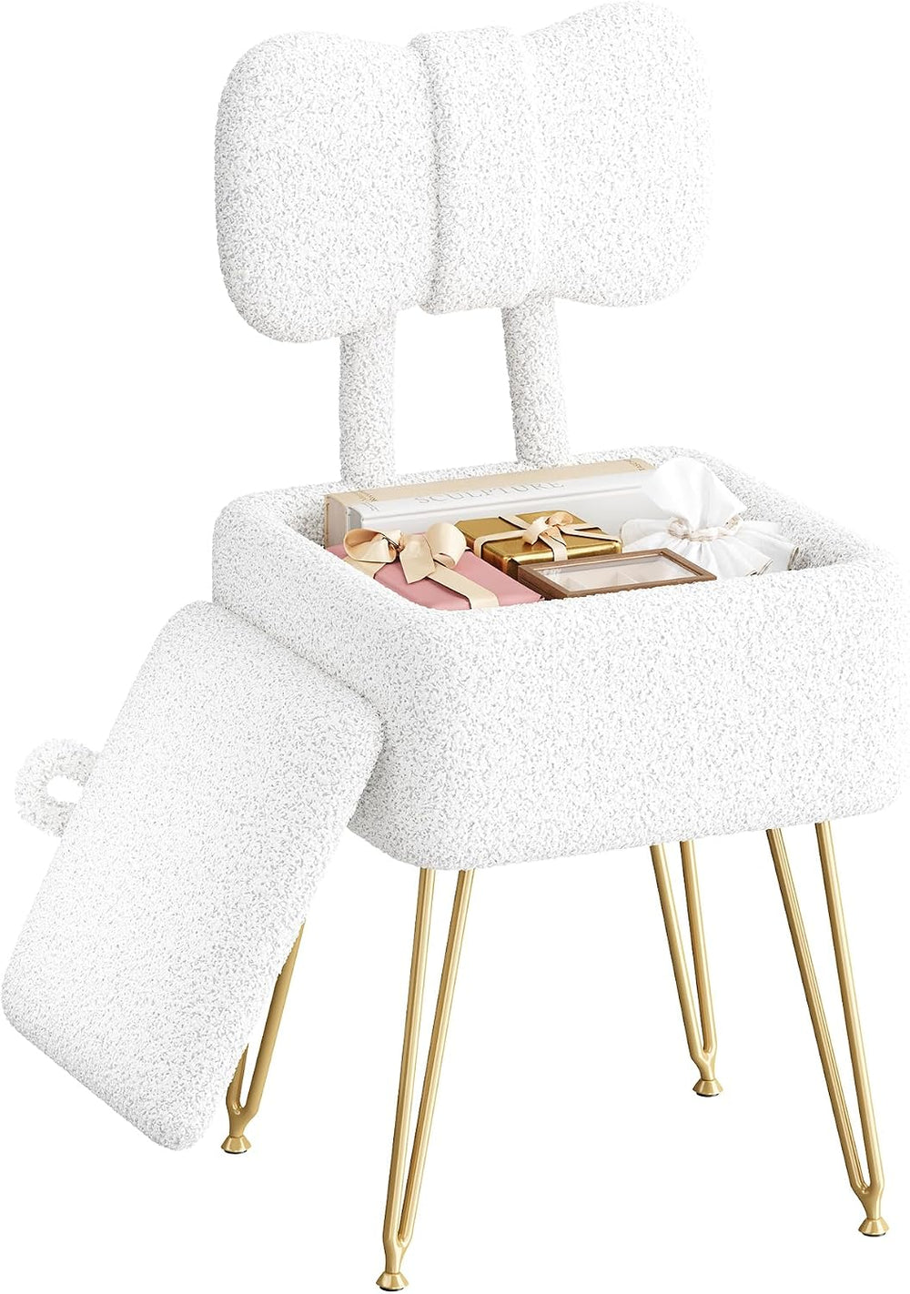 Small Vanity Chair with Storage, Vanity Stool with Folding Back, Chair for Va...