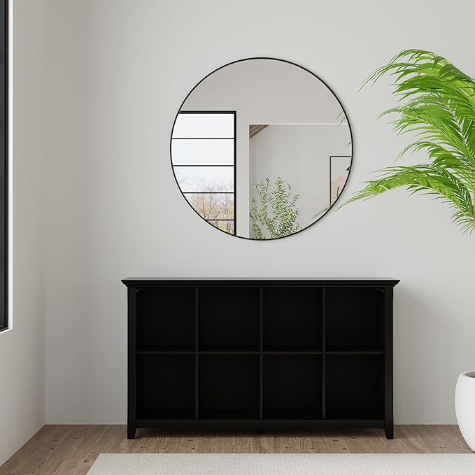 SIMPLIHOME Acadian Console Table - 57 Inch Wide Solid Wood 8-Cube Storage Sofa Table in Black, Transitional Storage Unit for Living Room or Bedroom with Grooved Side Panels and Tapered Legs