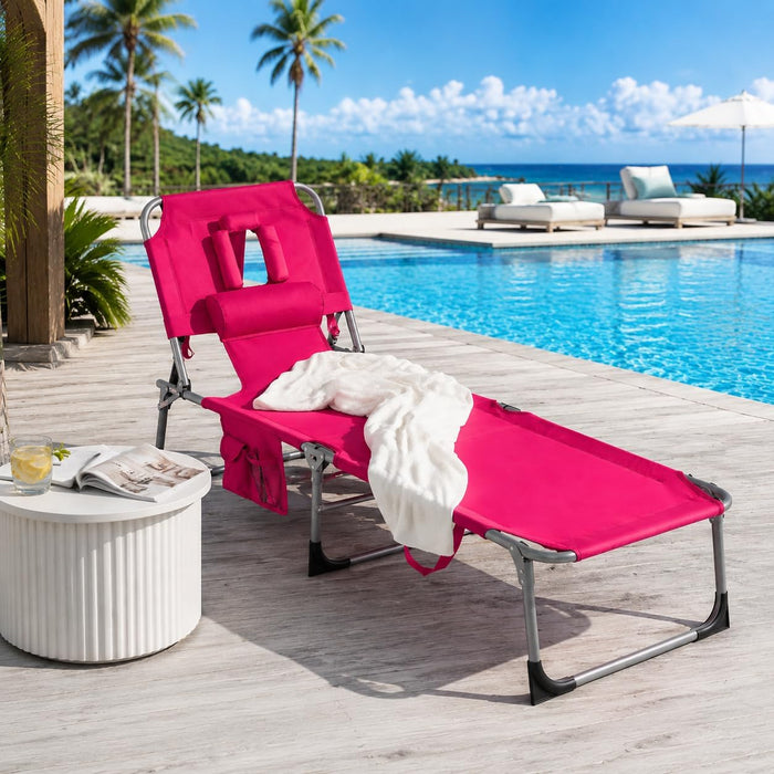 BECOMFORT Tanning Chair with Face Hole & Arm Holes, Portable Lounge Chair with 4-Position Adjustable Backrest, Pillow & Side Pocket, Folding Beach Chair for Outdoor Pool Sunbathing (Pink)