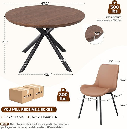47.2" 5-Piece Round Dining Table Set for 4, Modern Wood Dining Table with 4 Upholstered Chairs, Kitchen & Dining Room Table Set with Metal Base for Apartment, Small Space, Walnut Table+4 Brown Chairs